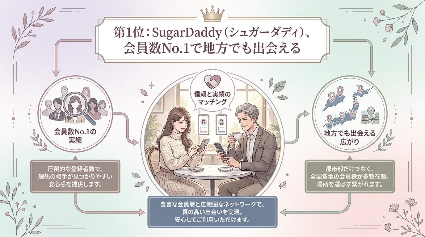 第1位：SugarDaddy（シュガーダディ）、会員数No.1で地方でも出会える
